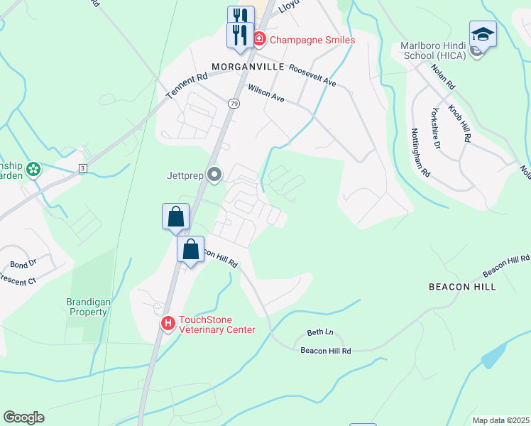 map of restaurants, bars, coffee shops, grocery stores, and more near 112 Regency Court in Marlboro
