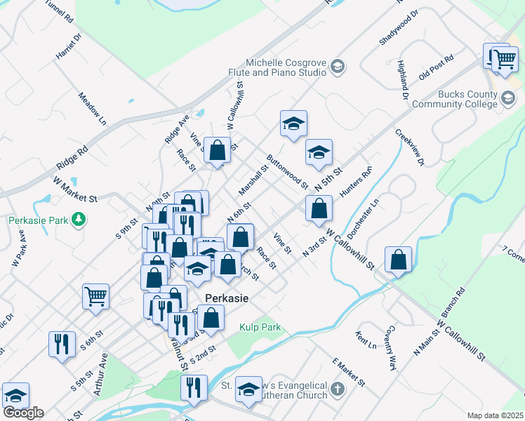 map of restaurants, bars, coffee shops, grocery stores, and more near 521 Vine Street in Perkasie