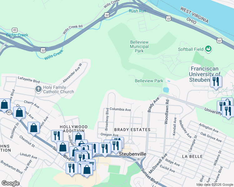 map of restaurants, bars, coffee shops, grocery stores, and more near 1112 Jackson Place in Steubenville