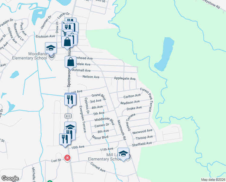 map of restaurants, bars, coffee shops, grocery stores, and more near 3 Forest Park Terrace in Monroe Township