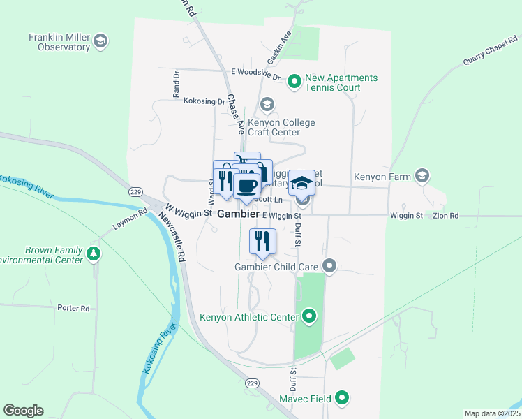 map of restaurants, bars, coffee shops, grocery stores, and more near 106 College Park Drive in Gambier