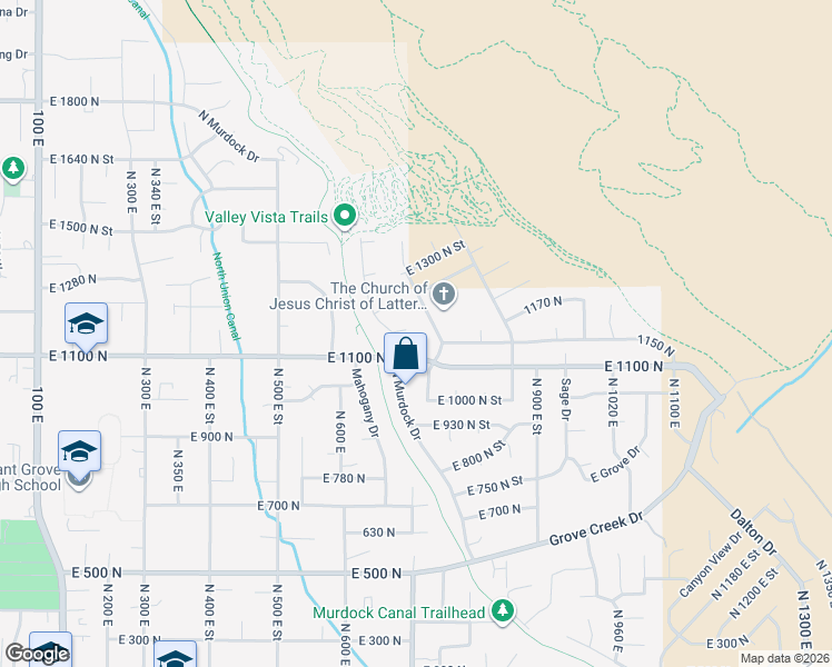 map of restaurants, bars, coffee shops, grocery stores, and more near 712 East 1170 North in Pleasant Grove