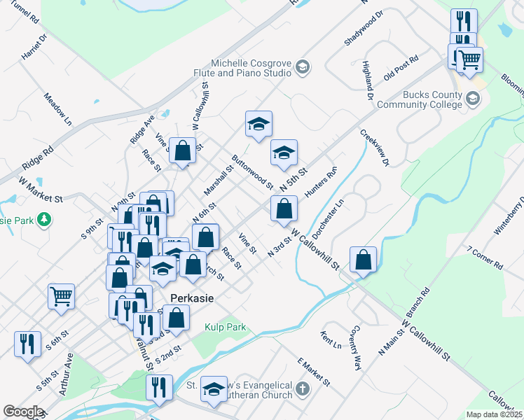 map of restaurants, bars, coffee shops, grocery stores, and more near 327 North 5th Street in Perkasie