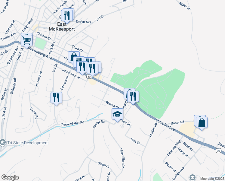 map of restaurants, bars, coffee shops, grocery stores, and more near 1320 Lincoln Highway in North Versailles