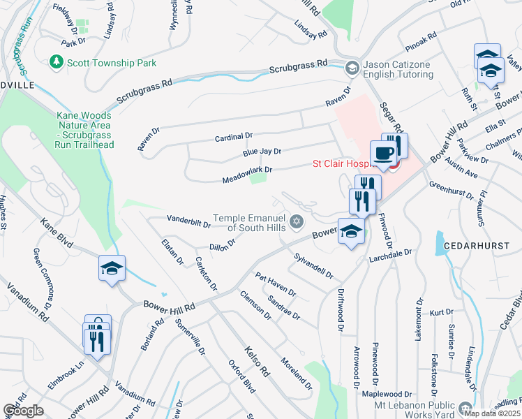 map of restaurants, bars, coffee shops, grocery stores, and more near 1250 Bower Hill Road in Pittsburgh
