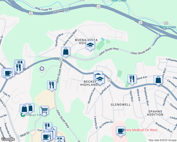 map of restaurants, bars, coffee shops, grocery stores, and more near 3256 Sunset Boulevard in Steubenville