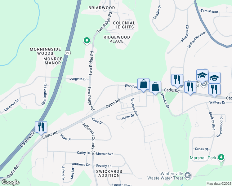 map of restaurants, bars, coffee shops, grocery stores, and more near 1105 Cadiz Road in Wintersville