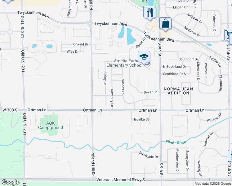 map of restaurants, bars, coffee shops, grocery stores, and more near 3435 Coventry Lane in Lafayette