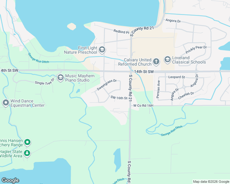 map of restaurants, bars, coffee shops, grocery stores, and more near 4207 Beth Drive in Loveland