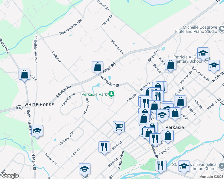map of restaurants, bars, coffee shops, grocery stores, and more near 200 South 9th Street in Perkasie