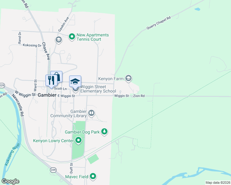 map of restaurants, bars, coffee shops, grocery stores, and more near 410 Wiggin Street in Gambier