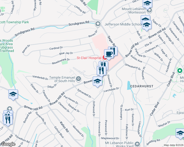 map of restaurants, bars, coffee shops, grocery stores, and more near 1150 Bower Hill Road in Pittsburgh