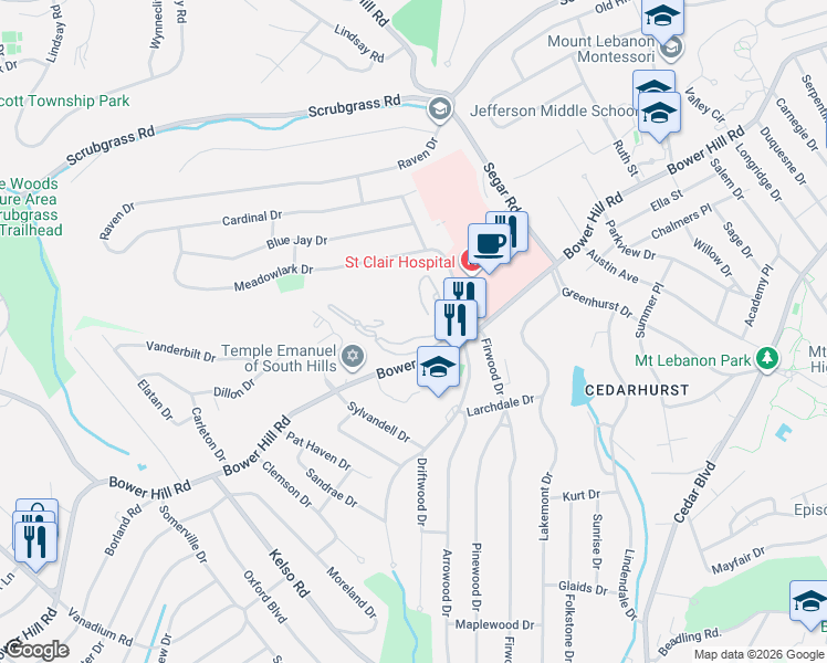 map of restaurants, bars, coffee shops, grocery stores, and more near 1150 Bower Hill Road in Pittsburgh