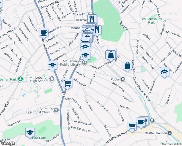 map of restaurants, bars, coffee shops, grocery stores, and more near 56 Hazel Drive in Pittsburgh