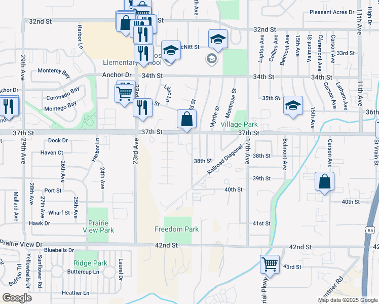 map of restaurants, bars, coffee shops, grocery stores, and more near 3715 Larson Avenue in Evans