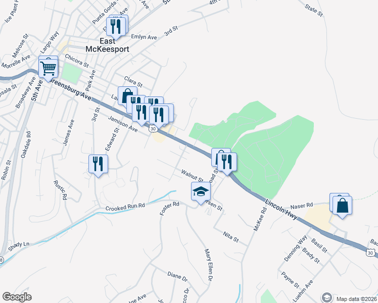 map of restaurants, bars, coffee shops, grocery stores, and more near 1304 Lincoln Highway in North Versailles