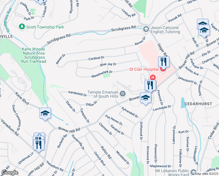 map of restaurants, bars, coffee shops, grocery stores, and more near 1250 Bower Hill Road in Pittsburgh