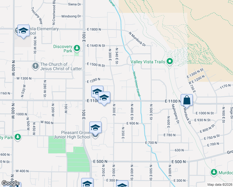 map of restaurants, bars, coffee shops, grocery stores, and more near 1164 North 300 East in Pleasant Grove