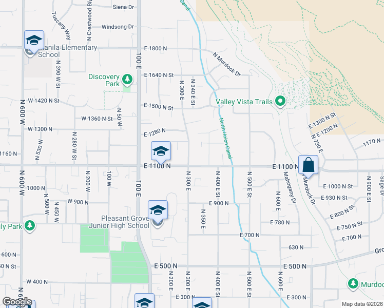 map of restaurants, bars, coffee shops, grocery stores, and more near 1164 North 300 East in Pleasant Grove