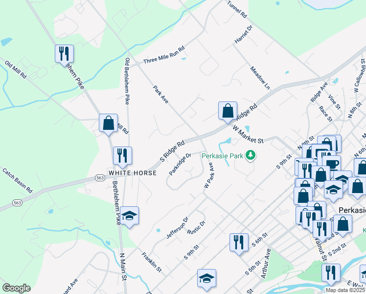 map of restaurants, bars, coffee shops, grocery stores, and more near 221 South Ridge Road in Perkasie