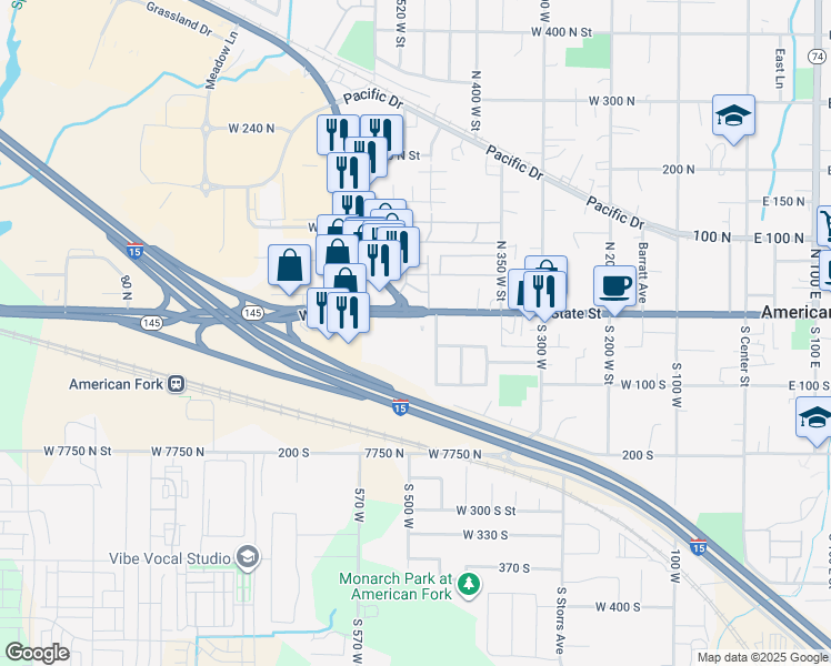 map of restaurants, bars, coffee shops, grocery stores, and more near 495 West Main Street in American Fork