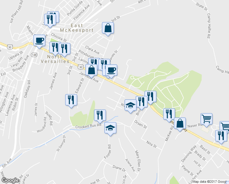 map of restaurants, bars, coffee shops, grocery stores, and more near 913 Center Avenue in North Versailles