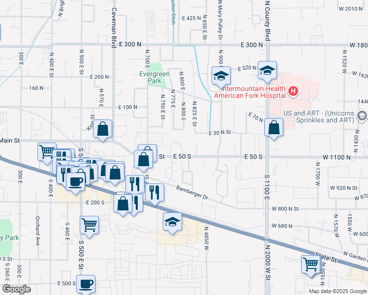 map of restaurants, bars, coffee shops, grocery stores, and more near 35 South 800 East in American Fork