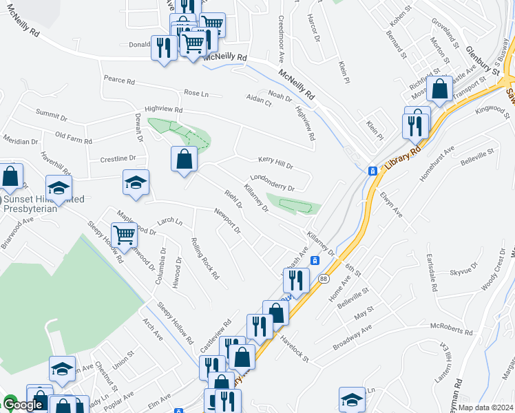 map of restaurants, bars, coffee shops, grocery stores, and more near 809 Killarney Drive in Pittsburgh