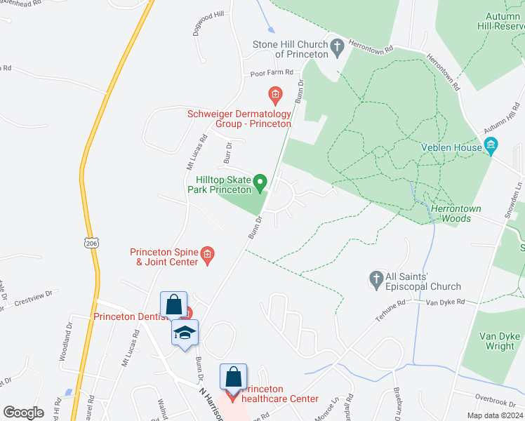 map of restaurants, bars, coffee shops, grocery stores, and more near 298 Bunn Drive in Princeton