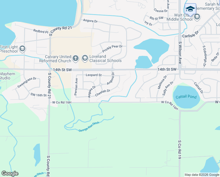 map of restaurants, bars, coffee shops, grocery stores, and more near 3521 Cheetah Drive in Loveland