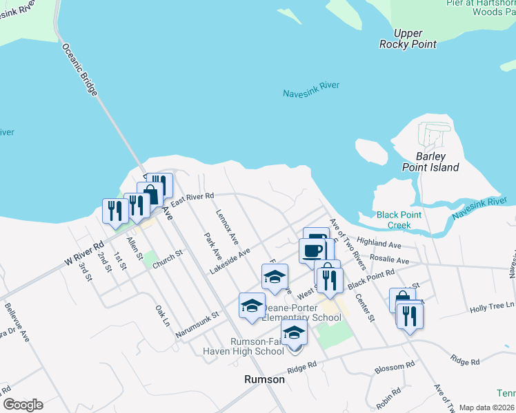 map of restaurants, bars, coffee shops, grocery stores, and more near 72 East River Road in Rumson