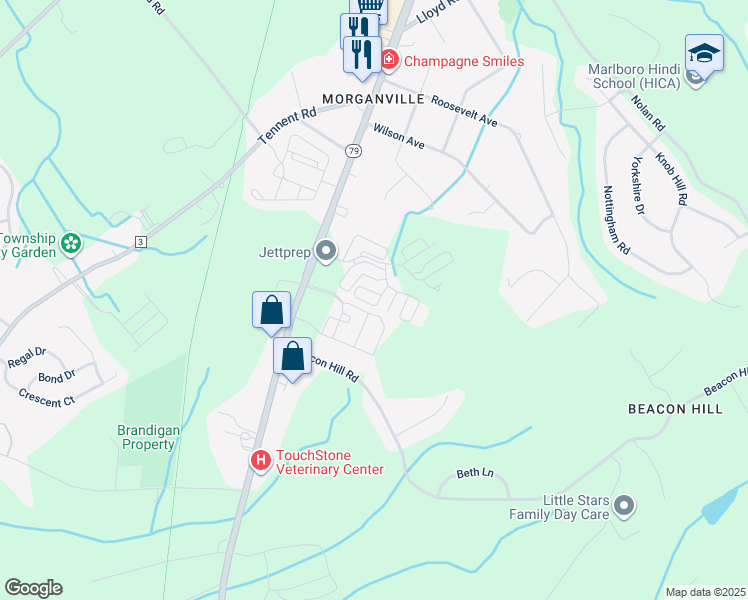 map of restaurants, bars, coffee shops, grocery stores, and more near 107 Knightsbridge Lane in Marlboro Township