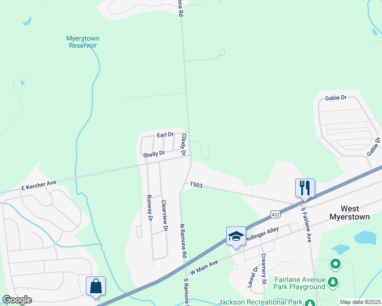 map of restaurants, bars, coffee shops, grocery stores, and more near 111 North Ramona Road in Myerstown