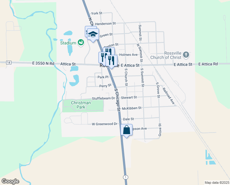 map of restaurants, bars, coffee shops, grocery stores, and more near 350 South Chicago Street in Rossville