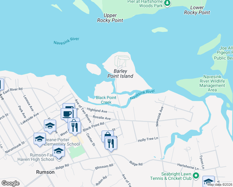 map of restaurants, bars, coffee shops, grocery stores, and more near Barley Point Road in Rumson