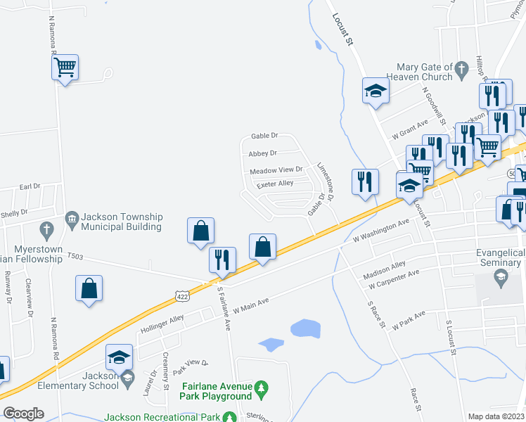 map of restaurants, bars, coffee shops, grocery stores, and more near 43 Gable Drive in Myerstown