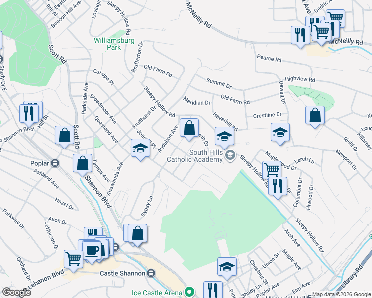 map of restaurants, bars, coffee shops, grocery stores, and more near 566 Kenilworth Drive in Pittsburgh