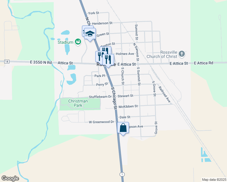 map of restaurants, bars, coffee shops, grocery stores, and more near 350 South Chicago Street in Rossville