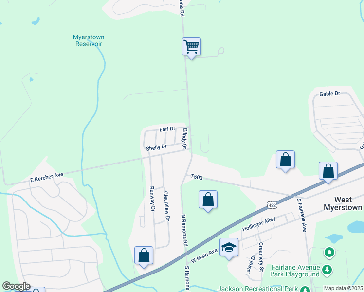 map of restaurants, bars, coffee shops, grocery stores, and more near 111 North Ramona Road in Myerstown