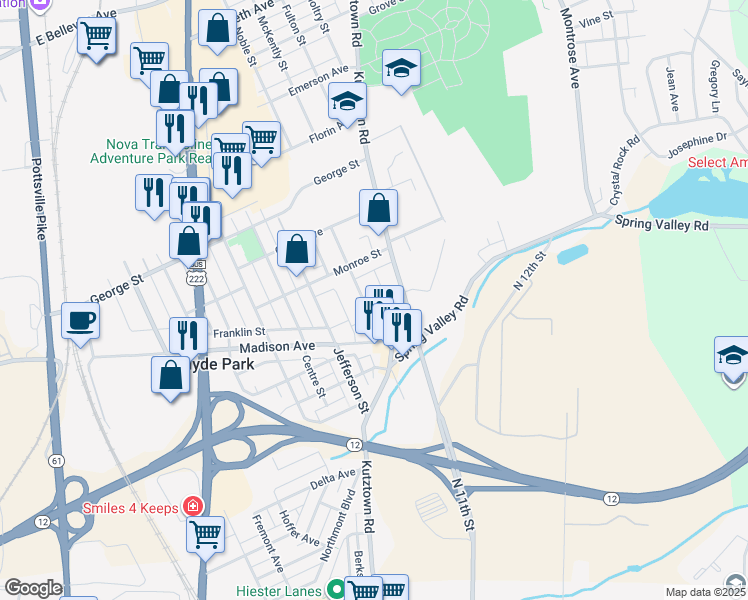 map of restaurants, bars, coffee shops, grocery stores, and more near 407 Pennsylvania Avenue in Reading