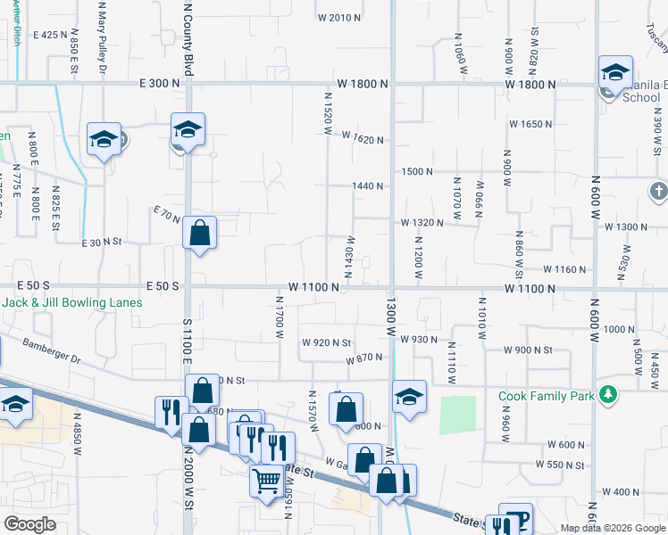 map of restaurants, bars, coffee shops, grocery stores, and more near 1232 North 1520 West in Pleasant Grove