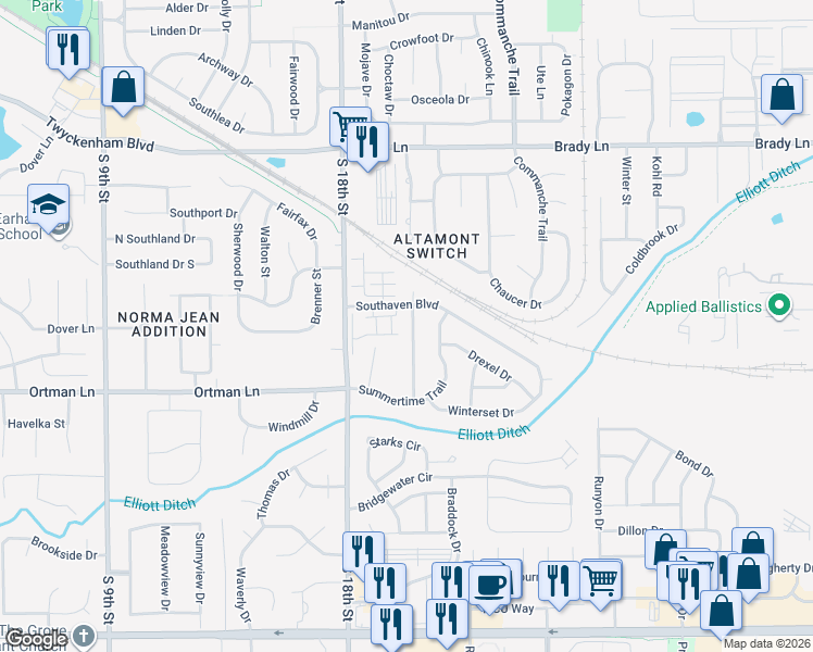 map of restaurants, bars, coffee shops, grocery stores, and more near 3412 Equinox Terrace in Lafayette