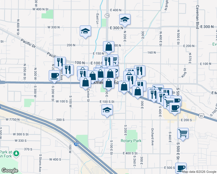 map of restaurants, bars, coffee shops, grocery stores, and more near 1 South 100 East in American Fork