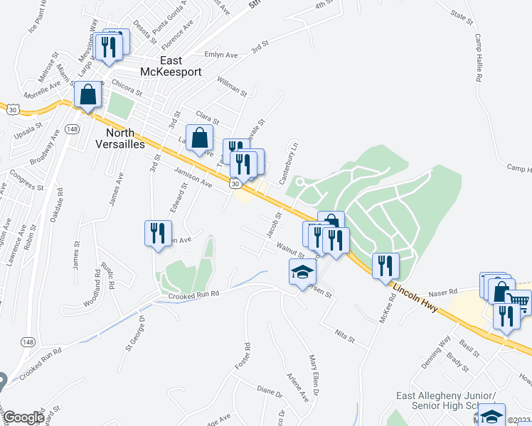 map of restaurants, bars, coffee shops, grocery stores, and more near 1205 Lincoln Highway in North Versailles