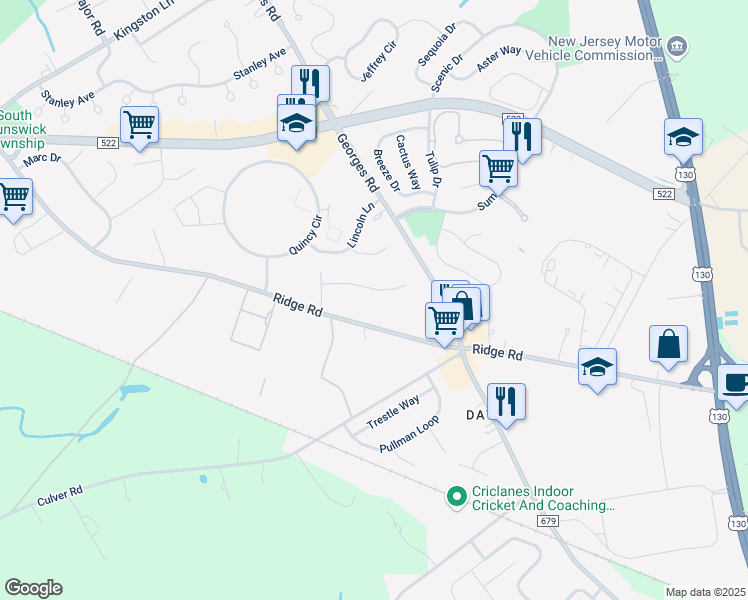 map of restaurants, bars, coffee shops, grocery stores, and more near 12 Helen Drive in South Brunswick Township
