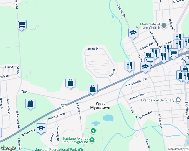 map of restaurants, bars, coffee shops, grocery stores, and more near 40 Gable Drive in Myerstown