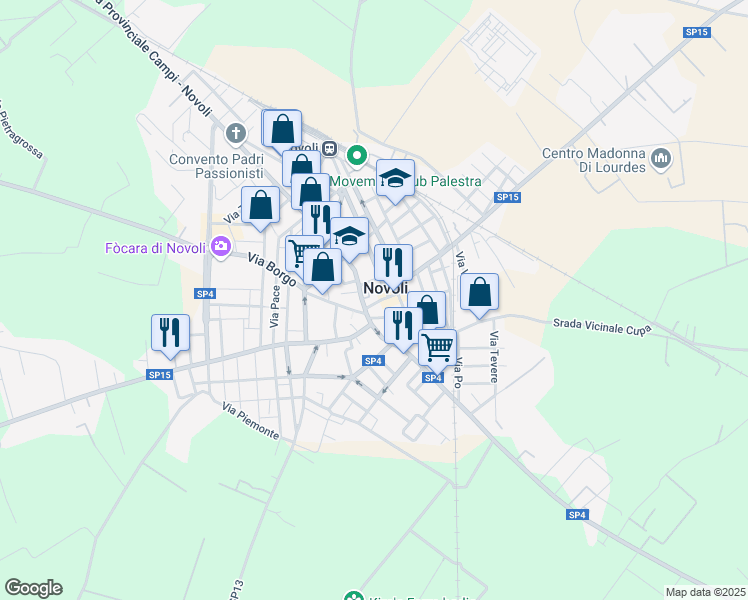 map of restaurants, bars, coffee shops, grocery stores, and more near in Novoli