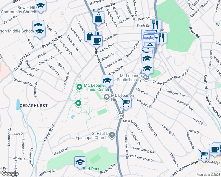 map of restaurants, bars, coffee shops, grocery stores, and more near 174 Cochran Road in Pittsburgh