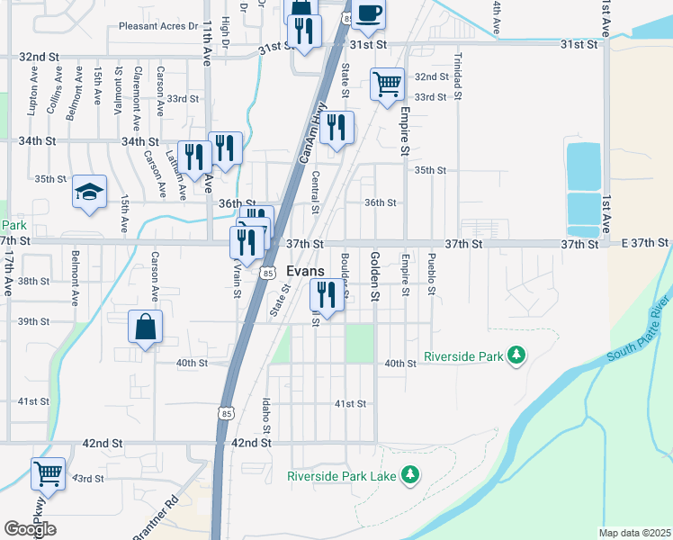 map of restaurants, bars, coffee shops, grocery stores, and more near 3702 Central Street in Evans