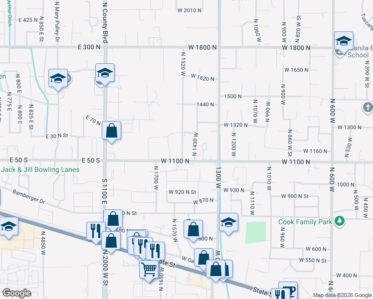 map of restaurants, bars, coffee shops, grocery stores, and more near 1232 North 1520 West in Pleasant Grove
